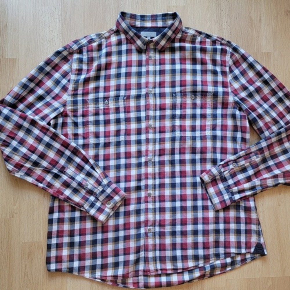 COS Mens Button Up Cotton Shirt XL‎ Red Blue Check Long Sleeve Pockets